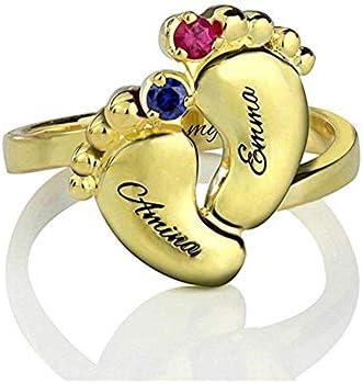 925 Sterling Silver Personalized Birhtstone Baby Feet Name Ring 2 Names Mother Ring