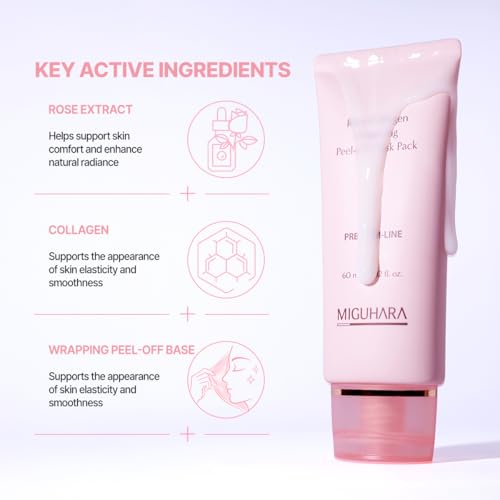 MIGUHARA Collagen Rose Wrapping Peel Off Mask | Pore Minimizer & Glass Skin Glow | Vegan Korean Face Mask with French Rosa Centifolia Flower Extract, Firming & Dullness Care, 2.02 fl.oz