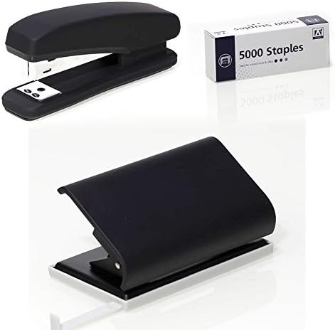 3 pc Office Stationery Set - Soft Touch Metal Hole Punch - Soft Touch Metal Full-Strip Stapler - 5,000 Staples (Stapler + Hole Punch + 5000)