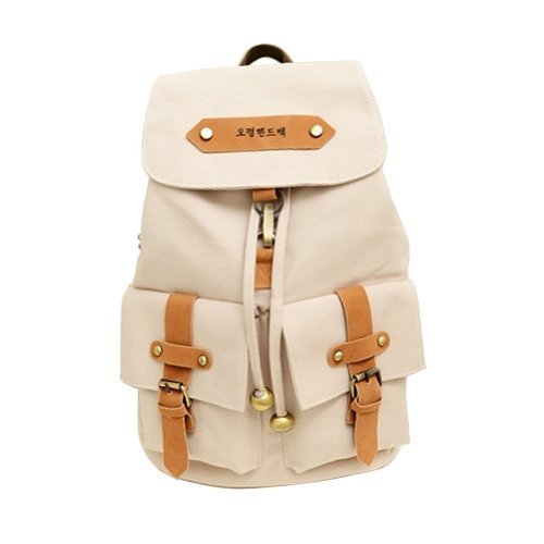Korea Vintage Canvas Backpack Girl Women Shoulder School Satchel Bag Rucksack (Beige)