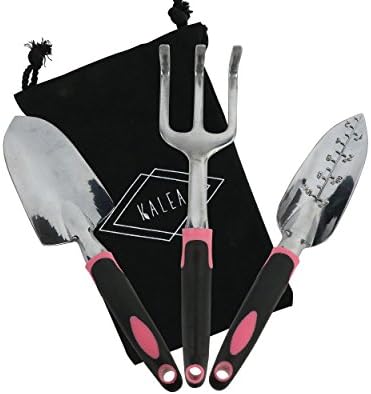 Kalea 3 pc Garden Tool Set in Pink With Hand Rake, Transplanter and Trowel - Carry Case Included, Bend Proof Aluminum with Ergonomic Handles and Hang Holes