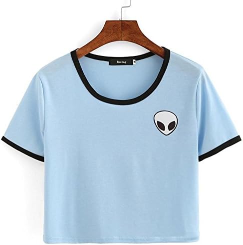 Blogger Striped ET Teen Girls Alien Crop Top Slim Tees Short Sleeve T-shirt (L(US14), Blue)