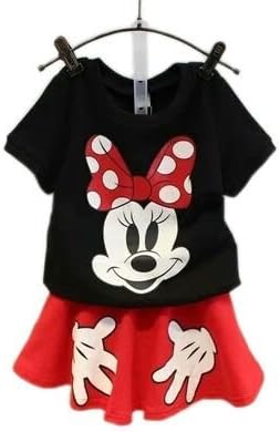 AP Boutique Baby Girl's Cotton Mickey Mouse Cartoon Printed Skirt Top Set (Red, Black, 2-3 Years)