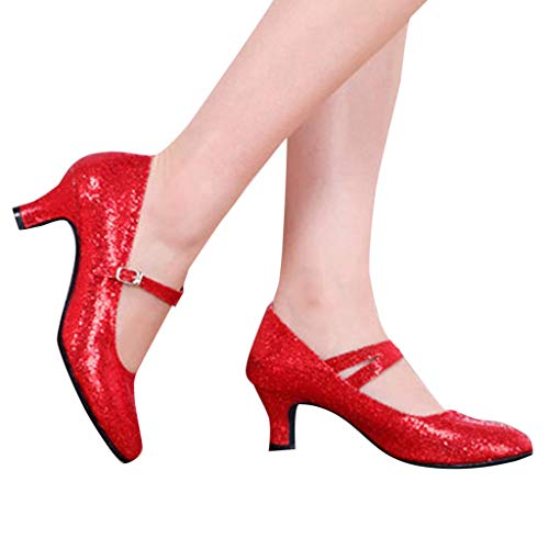 Womens Glitter Sequins Dance Shoes Buckle Strap Mid-High Heels Shoes Ballroom Latin Tango Rumba Performance Shoes (US:8, Red) - Thumbnail 7