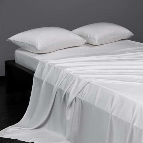 MAXICOZY KING SHEET SET, COOLING SHEETS, DEEP POCKET UP TO 16″, SOFT SHEETS KING SIZE BED SET, HOTEL LUXURY SILKY BEDDING SHEETS & PILLOWCASES, WHITE(4 PIECE)