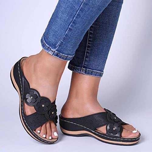 BFAFEN Sandals for Women Dressy Summer Orthotic Arch Support Flip Flops Faux Leather Slippers Wedge Heel Open Toe Sandals