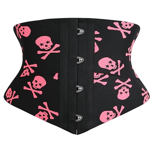 Underbust Corset - Black Color with Pink Skulls Print Corsets - High Elasticity Crazy Sexy Waist Training Cincher for Halloween - Size (S-M)