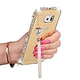 Gravydeals S6 Edge Plus Gold Case，3D Luxury Rhinestone Diamond Aluminum Metal Bumper Frame 2 IN 1 Mirror Effect PC Back Cover with Lovely Pearl Tassels for Samsung Galaxy S6 Edge Plus