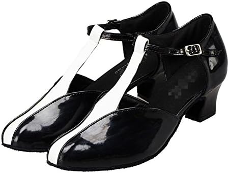 Dance Shoes Womens Closed Toe High Heel Pu Leather Salsa Tango Ballroom Latin T-Strap Black White