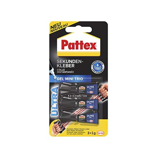 Pattex Sekundenkleber Ultra Gel Mini Trio, extra starker & flexibler Superkleber in 3 Tuben, Sekundenkleber Gel für z. B…