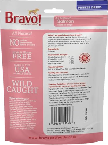 BRAVO! BONUS BITES SINGLE INGREDIENT FREEZE DRIED RAW DOG TREATS, SALMON, 2 OUNCE, HIGH PROTEIN, GRAIN FREE, GLUTEN FREE