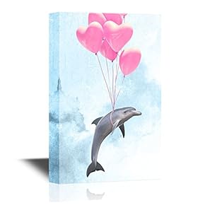 Nursery Art Canvas Wall Art - Dolphin Lifted in The Sky by Pink Heart Shaped Balloons - Gallery Wrap Baby/Kids Room Decoration | Ready to Hang - 12x18 inches