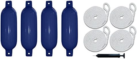 Marine and Rv Direct 4 Boat Fenders 8.5 x 27 Vinyl Ribbed Bumper Dock Shield Protection Blue. Includes (4) 7' Long Fender Lines & Pump to Inflate