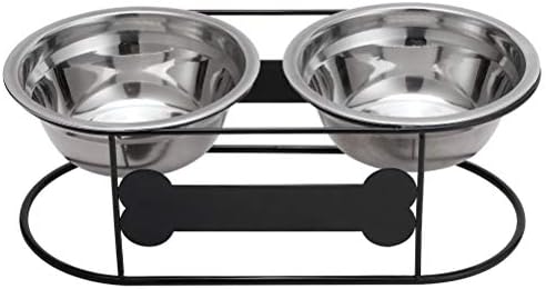 BINGPET Elevated Dog Feeder, Raised Dog Bowl with Stand, Double Stainless Steel Dog Food and Water Bowls with Bone Style and Arc Wire Stand, for Dog and Cat
