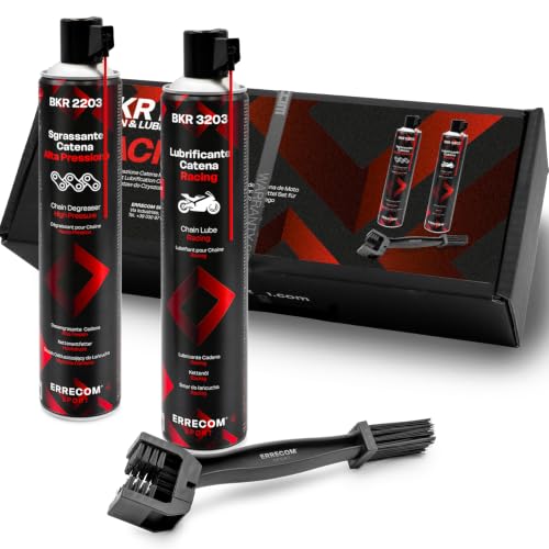 ERRECOM 1000 Miglia Clean&Lube RACING Motorcycle Chain Kit; includes High-Pressure Chain Degreaser Spray 750ml+Racing Motorcycle Chain Lubricant 750ml+Huggie System and 90°Connector+Brush+Gloves