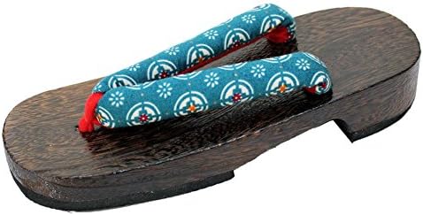 Women's Kiri Geta Brown Sandal with Teal Japanese Traditional Print Toe Straps US Size 6.5-8 (24-25.5cm)