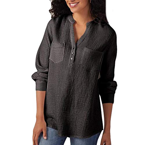 Womens Casual Tops Plus Size Button Up Plain V Neck Shirts Long Sleeve Blouse Loose Work Top with Pockets Black
