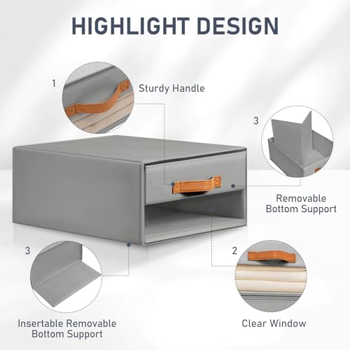 DIMJ Drawer Organiser System, Drawer Boxes, Set of 4, Storage Box, Folding Boxes with Window, 40 x 32 x 17 cm, Organiser Drawer, Wardrobe Organiser for Cupboard, Grey