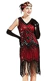 BABEYOND Women's Flapper Dresses 1920s V Neck Beaded Fringed Great Gatsby Dress (Red, XL (Fits 31.5