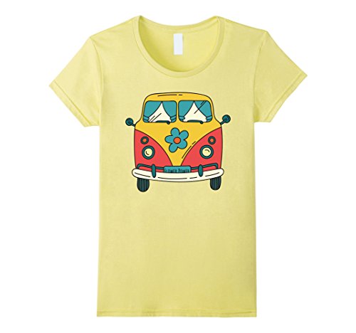 Womens Vintage Hippie Bus Van T-Shirt Flower Power 60s 70s Small Lemon