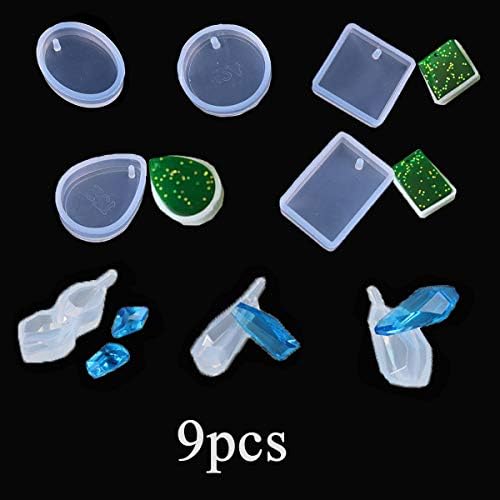 9pcs Silicone Casting Molds Assorted Sizes Epoxy Resin Molds Kit for Jewelry, Soap, Wax, Candle, Paperweight, Resin Casting Art Molds with Hanging Hole and Transparent Storage Box