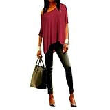Memorose Women Loose Sleeve Plain Shoulder Off Asymmetric Hem T Shirt Top Blouse RedM