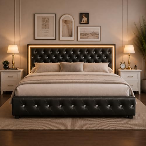 Queen Bed Frame with 4 Storage Drawers, LED Bed Frame with Remote Control Rhythm Sync Light, Adjustable Diamond Tufted Headboard, No Box Spring Needed, PU Black
