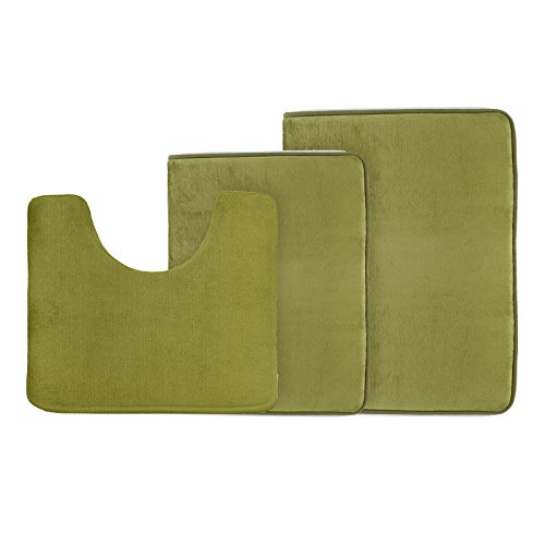 Clara Clark 3-Pack Bath Mat Set â€“ Large, Small and Contour Bathroom Rug Set, Absorbent Memory Foam Bath Rugs, Non-Slip, Thick, Velvet Microfiber Bathrug, Plush Shower, Toilet Bathmats Carpet, Sage