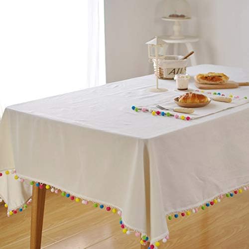 Bringsine Stitching Tassel Tablecloth Heavy Weight Cotton Linen Fabric Dust-Proof Table Cloth Cover Kitchen Dinning Tabletop Xmas Decoration (Square, 55 x 55 Inch, White)