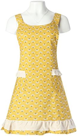 Home Bene 100% Cotton Pijeon, Cute H-back Kitchen Apron for Women, Cooking Apron White Ruffles, Waist Ties, Two side Pockets, Cooking, Baking, Barbecuing, Gardening, Yellow