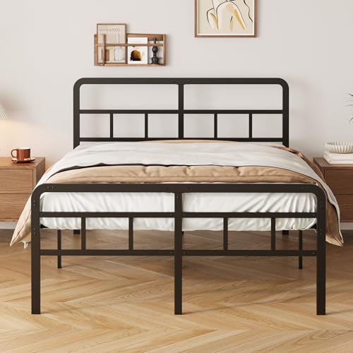 Yicensen Base Cama Matrimonial con Cabecero y Piecero, Base Matrimonial de Metal de 46 cm de Altura con Listones Resistente, Espacio de Almacenamiento Debajo de la Cama, sin Ruido, Negro