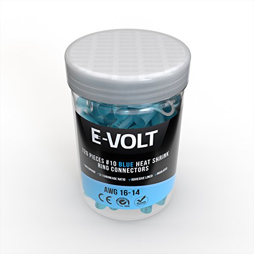 120 PC #10 Blue Heat Shrink Ring Crimp Connectors: 16-14 Gauge Bulk Electrical Terminals - Insulated 16 14 AWG Automotive, Marine, Audio, and Industrial Grade. Hot Melt Adhesive Eyelet Splice Jar