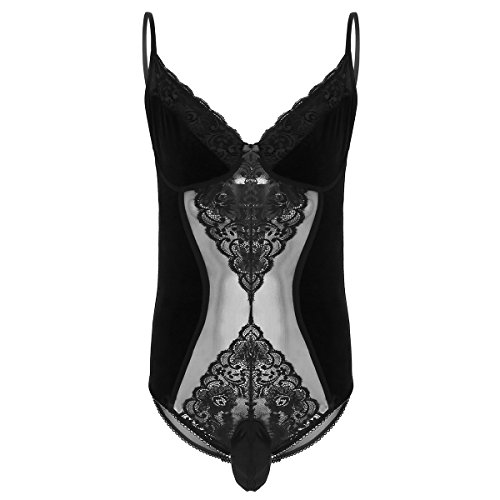 MSemis Sissy Nightwear Lingerie Men Straps Lace See-Through One-Piece Pouch Thong Bodysuit Jumpsuit