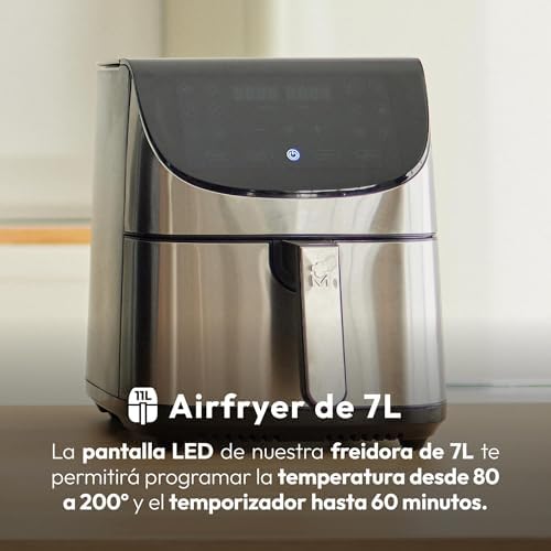 ROCKET 700 - Freidora de Aire 1800W 7L - 12 Programas - Pantalla LED Táctil - Temperatura Ajustable - Recetario Online - Fácil Limpieza