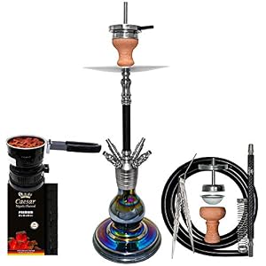 Caesar Carbon Stainless Steel Color B Shisha Set 4er – 69 cm – Komplettset mit Kohle (2,2cm), Blitz 01 Kohleanzünder, 4 Schliff Adapter (01 – Shining Black – Shining Black)