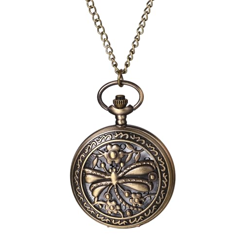 Avaner Hollow Dragonfly Pocket Watches: Bronze Analog Quartz Necklace Watches Pendant with Chain for Men and Women