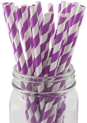 SSORA Paper Drinking Straws Disposable Biodegradable Purple Striped Pack of 100 for Wedding Decorations Supplies