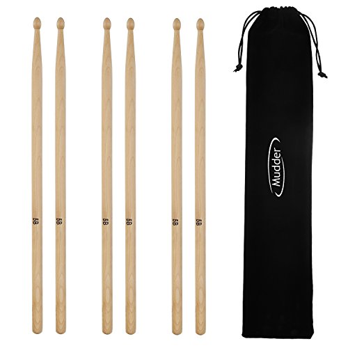 Mudder 3 Pair Classic Maple Wood Drum Sticks Drumsticks Wood Tip Drumstick Student Drum Sticks Musical Parts (5B)