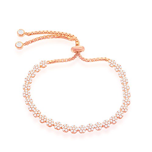 Italian Sterling Silver 14k Rose Gold overlay Sparkly Cubic Zirconia Flower Adjustable Bolo Friendship Bracelet