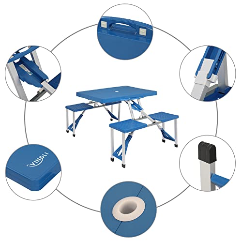 VINGLI 4 Ft Camping Picnic Table Set with 4 Seats with Umbrella Hole Folding Lightweight