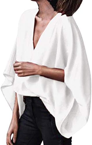 Lady Office Tops for Women Flare Sleeve Loose T-Shirt Top Chiffon Deep V Neck Bat-Wing Blouse by Gyouanime