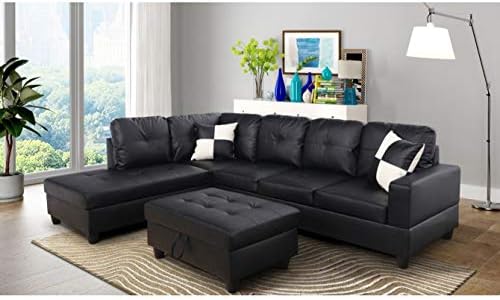 AYCP FURNITURE Black Left Hand Facing Chaise Convertible Lshape Faux Leather Sectional Sofa Set
