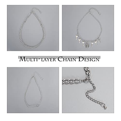 3 PCS Layered Chain Necklace Set for Men Women Stainless Steel Lock Pendant Necklace Punk Choker Necklaces Silver