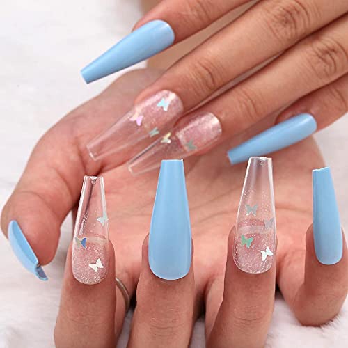 Outyua Butterfly Fake Nails Coffin Glossy Extra Long Press On Nails Ballerina Designer Blue False Nails Full Cover Nails With Design For Women And Girls 24pcs Blue Pricepulse