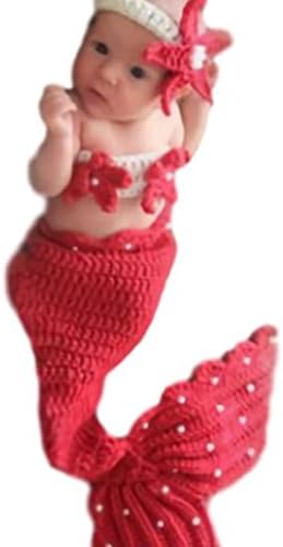 Beaumens baby cute newborn knit mermaid costume photography photo prop outfit crochet hairband dress clothe red