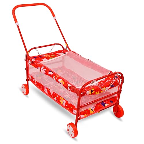 AVANI METROBUZZ Baby Cradle Mosquito Net Jhula Palna Stroller Infant & Toddler Beds Born Baby 1-2 Years Babies-Newborn Baby Cotton Baby Sleep Baby Bedding Cradle with Wheels AM1 (Red) 2