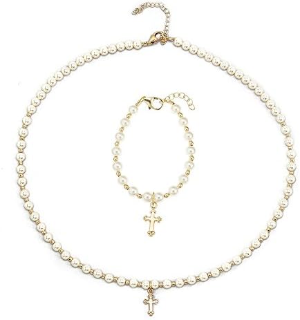 Crystal DreamChristening 14KT Gold-Filled Beads and Cross Charm Luxury Unisex Baby Bracelet and Necklace with Cream European Simulated Pearls Gift Set (GSNBGC_S)