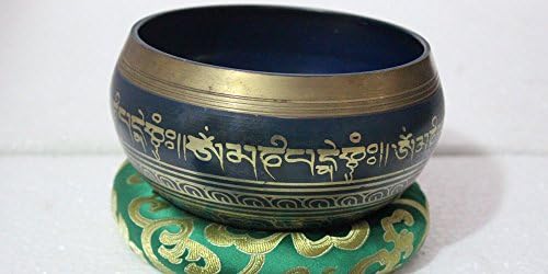 Tibetan Yoga Meditation Om Mani Padme Hum Peace Singing Bowl 5" Blue Color with Free Wooden Striker & Silk Cushion