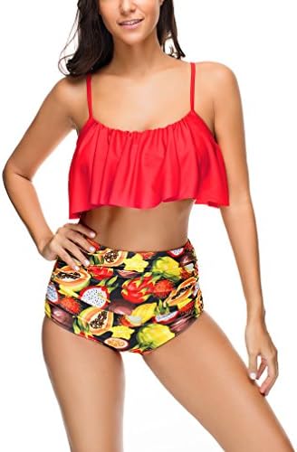 HaiCoo Red Floral Ruffle Flounce High Waisted Bikini Ladies New Sexy Vintage Swimsuit