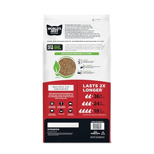 WORLD’S BEST CAT LITTER MULTIPLE CAT UNSCENTED, 15-POUNDS – NATURAL INGREDIENTS, QUICK CLUMPING, FLUSHABLE, 99% DUST FREE & MADE IN USA – LONG-LASTING ODOR CONTROL & EASY SCOOPING
